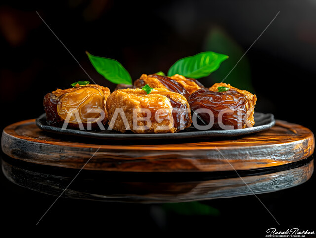 الأنواع المختلفة من التمور اللذيذة، وجبة غذائية صحية ذات قيمة عاليه، مجموعة من حبات التمر المجدول المتجعد على لوح خشبي، ضيافة رمضانية شهية، منتجات وطنية محلية في المملكة العربية السعودية، خلفية سوداء