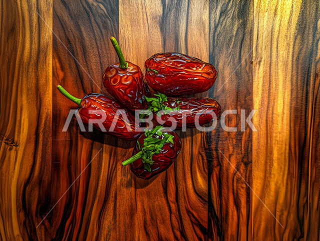 ضيافة رمضانية شهية، الأنواع المختلفة من التمور اللذيذة، وجبة غذائية صحية ذات قيمة عاليه، مجموعة من حبات التمر المجدول المتجعد على لوح خشبي، منتجات وطنية محلية في المملكة العربية السعودية