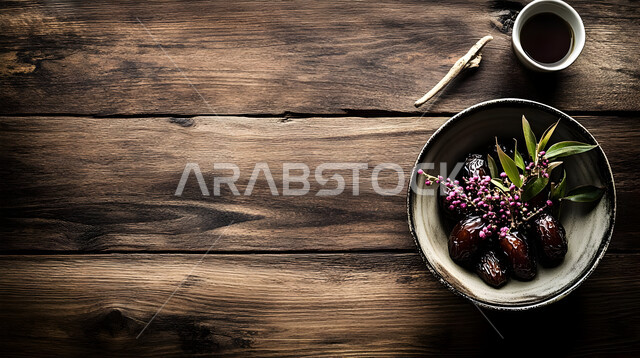 ضيافة رمضانية شهية، الأنواع المختلفة من التمور اللذيذة، وجبة غذائية صحية ذات قيمة عاليه، مجموعة من حبات التمر المجدول المتجعد على لوح خشبي، منتجات وطنية محلية في المملكة العربية السعودية