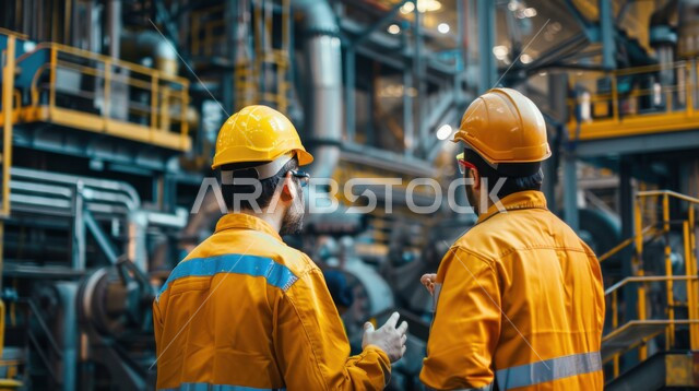 متابعة ومراقبة عمليات الانتاج وسير عمل الآلات، وظائف ومهن هندسية شبابية، العمل في مصانع ومعامل المملكة العربية السعودية، صورة مقربة من الخلف لمهندسيين صناعيين عربيين خليجيين سعوديين يرتديان السترة وخوذة الحماية داخل المصنع