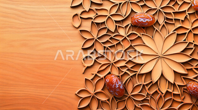 ضيافة رمضانية شهية، الأنواع المختلفة من التمور اللذيذة، وجبة غذائية صحية ذات قيمة عاليه، مجموعة من حبات التمر المجدول المتجعد على لوح خشبي مزخرف، منتجات وطنية محلية في المملكة العربية السعودية