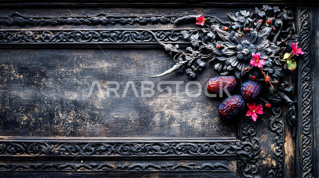 ضيافة رمضانية شهية، الأنواع المختلفة من التمور اللذيذة، وجبة غذائية صحية ذات قيمة عاليه، مجموعة من حبات التمر المجدول المتجعد على لوح خشبي مزخرف، منتجات وطنية محلية في المملكة العربية السعودية