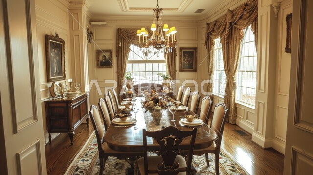 استخدام الطراز الفني الانيق في الاثاث المنزلي، الفنون الهندسية في تصميم طاولة الطعام ضخمة، غرفة سفرة بتصاميم راقية، ديكورات منزلية داخلية حديثة لغرف الطعام، شقق وفلل سكنية في المملكة العربية السعودية، واجهات زجاجية كبيرة