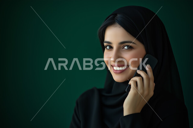 Spending a good time, using electronic programs and applications, browsing websites and social networking, a portrait of a smiling Saudi Arabian Gulf woman using a mobile phone, electronic shopping via the Internet, an oil background
