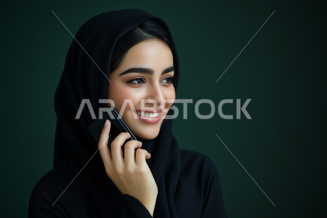 قضاء وقت ممتع, استعمال البرامج والتطبيقات الالكترونية، تصفح المواقع الالكترونية والتواصل الاجتماعي، بورتريه لامرأة عربية خليجية سعودية مبتسمة تقوم باستعمال الهاتف المحمول  ، التسوق الالكتروني عبر الانترنت، خلفية زيتية