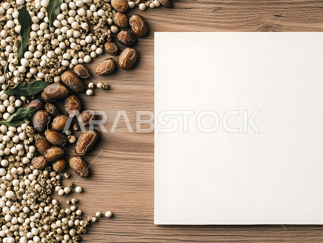 وجبات غذائية صحية ذات قيمة عاليه، مجموعة من حبات التمر المجدول المتجعد على لوح خشبي مع لوحة بيضاء فارغة، ضيافة رمضانية شهية، الأنواع المختلفة من التمور اللذيذة، منتجات وطنية محلية في المملكة العربية السعودية