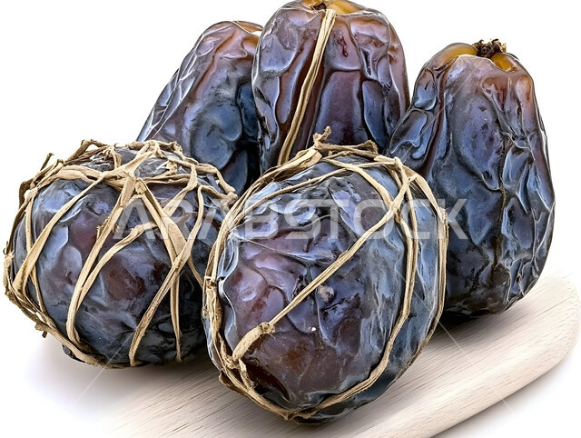 وجبات غذائية صحية ذات قيمة عاليه، مجموعة من حبات التمر المجدول المتجعد، ضيافة رمضانية شهية، الأنواع المختلفة من التمور اللذيذة، منتجات وطنية محلية في المملكة العربية السعودية، خلفية بيضاء