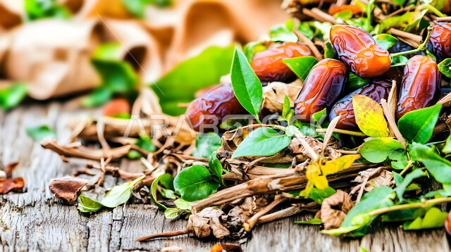 Healthy and high-value meals, a group of braided dates with herbs on a wooden surface, delicious Ramadan hospitality, different types of delicious dates, local national products in the Kingdom of Saudi Arabia