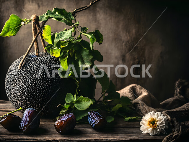 وجبات غذائية صحية ذات قيمة عاليه، مجموعة من حبات التمر المجدول المتجعد مع الاعشاب والزهرة البيضاء على سطح خشبي، ضيافة رمضانية شهية، الأنواع المختلفة من التمور اللذيذة، منتجات وطنية محلية في المملكة العربية السعودية