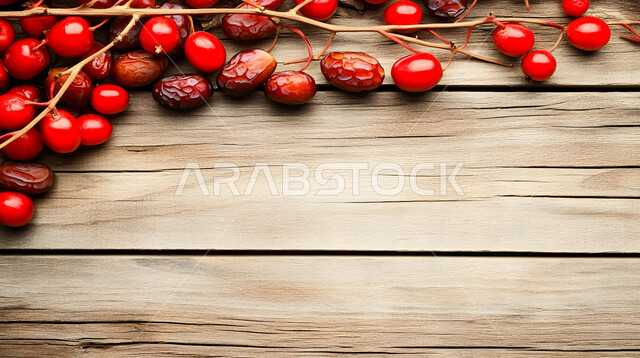 وجبات غذائية صحية ذات قيمة عاليه، مجموعة من حبات التمر الاحمر المتجعد على سطح خشبي، ضيافة رمضانية شهية، الأنواع المختلفة من التمور اللذيذة، منتجات وطنية محلية في المملكة العربية السعودية