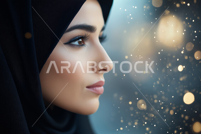 The concept of femininity and softness, elegance and attention to external appearance, modern women’s hijabs, a close-up portrait of a smiling Saudi Arabian Gulf woman wearing a hijab, looking with self-confidence gestures, blue background