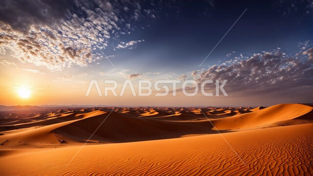 اماكن البادية والبيئة الطبيعية، الهضاب و التلال الرملية في الصحراء, الرمال الذهبية الناعمة في المناطق الصحراوية, منظر السماء المليئة بالغيوم البيضاء في المملكة العربيه السعودية, خلفية الطبيعة