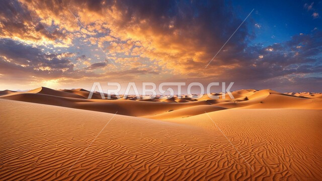 اماكن البادية والبيئة الطبيعية، الهضاب و التلال الرملية في الصحراء, الرمال الذهبية الناعمة في المناطق الصحراوية, منظر السماء المليئة بالغيوم البيضاء في المملكة العربيه السعودية, خلفية الطبيعة