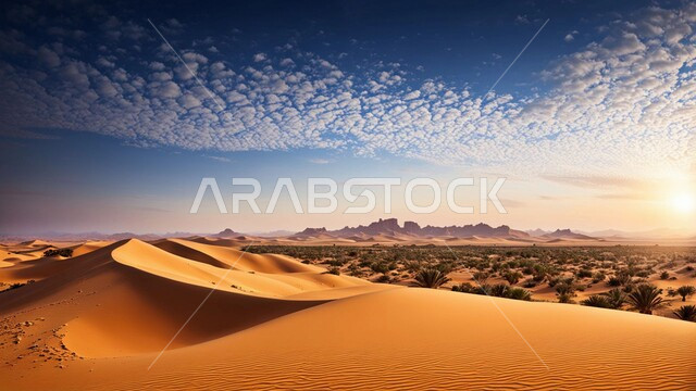 الهضاب و التلال الرملية في الصحراء, اماكن البادية والبيئة الطبيعية ، الرمال الذهبية الناعمة في المناطق الصحراوية, منظر السماء المليئة بالغيوم البيضاء في المملكة العربيه السعودية, خلفية الطبيعة