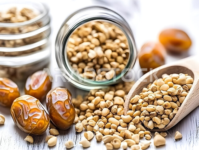 مجموعة من حبات التمر المجدول المجعد على سطح خشبي مع مرطبانات الحبوب والبذور، منتجات وطنية محلية في المملكة العربية السعودية، وجبات غذائية صحية ذات قيمة عاليه، ضيافة رمضانية شهية، الأنواع المختلفة من التمور اللذيذة