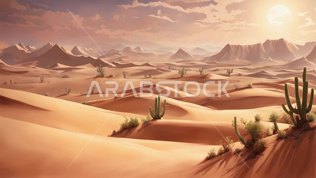 نبات الصبار الشوكي على الرمال الذهبية الناعمة في المناطق الصحراوية، نمو الشوكيات والأعشاب في براري المملكة العربية السعودية، النباتات والمزروعات البرية في المحميات الطبيعية، الكثبان والمرتفعات الرملية في الصحراء