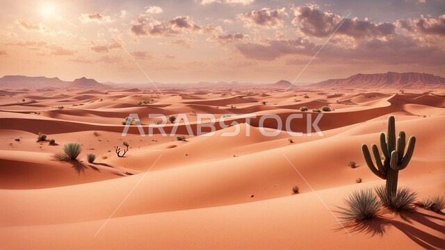 نبات الصبار الشوكي على الرمال الذهبية الناعمة في المناطق الصحراوية، نمو الشوكيات والأعشاب في براري المملكة العربية السعودية، النباتات والمزروعات البرية في المحميات الطبيعية، الكثبان والمرتفعات الرملية في الصحراء