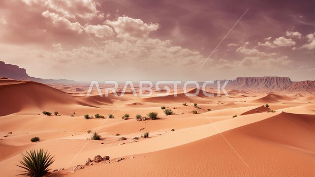 نبات الصبار الشوكي على الرمال الذهبية الناعمة في المناطق الصحراوية، نمو الشوكيات والأعشاب في براري المملكة العربية السعودية، النباتات والمزروعات البرية في المحميات الطبيعية، الكثبان والمرتفعات الرملية في الصحراء