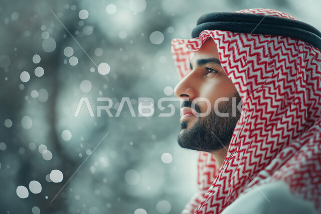 الاهتمام والاعتناء بالمظهر الخارجي، بورتريه مقرب من الجانب لشاب عربي خليجي سعودي مبتسم يرتدي الشماغ والثوب التقليدي ينظر الى شيء ما بتعابير السرور والسعادة، التزين و التجمل و الترتيب 