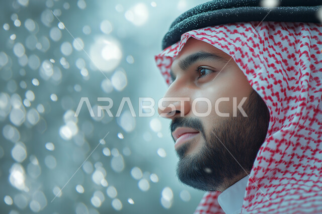 A display of Saudi men's clothing brands, attention and care for the external appearance, a close-up portrait from the side of a smiling Saudi Gulf Arab man wearing a shemagh and traditional thobe, looking at something with expressions of pleasure and happiness, adornment, beautification and arrangement, white background.