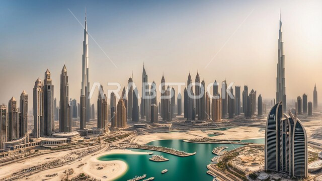 الفن الهندسي المعماري للأبراج وناطحات السحاب, رؤية مستقبلية 2031, منظر تخيلي مستقبلي للتقدم و النمو العمراني للمباني والمنشآت التجارية الشاهقة في الامارات العربية المتحدة, بناء مستقبل حضاري ومتطور 