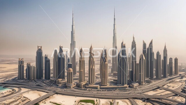 Architectural engineering art of towers and skyscrapers, future vision 2031, an imaginative future view of progress and urban growth for high-rise commercial buildings and facilities in the United Arab Emirates, building a civilized and advanced future