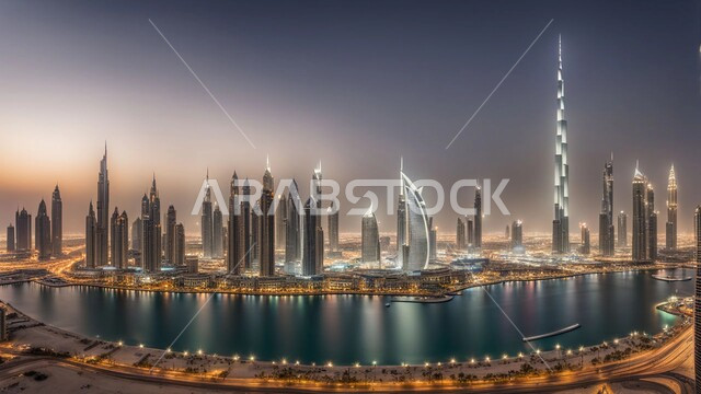 الفن الهندسي المعماري للأبراج وناطحات السحاب, رؤية مستقبلية 2031, منظر تخيلي مستقبلي للتقدم و النمو العمراني للمباني والمنشآت التجارية الشاهقة في الامارات العربية المتحدة, بناء مستقبل حضاري ومتطور 