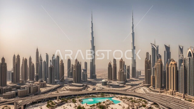 الفن الهندسي المعماري للأبراج وناطحات السحاب, رؤية مستقبلية 2031, منظر تخيلي مستقبلي للتقدم و النمو العمراني للمباني والمنشآت التجارية الشاهقة في الامارات العربية المتحدة, بناء مستقبل حضاري ومتطور 