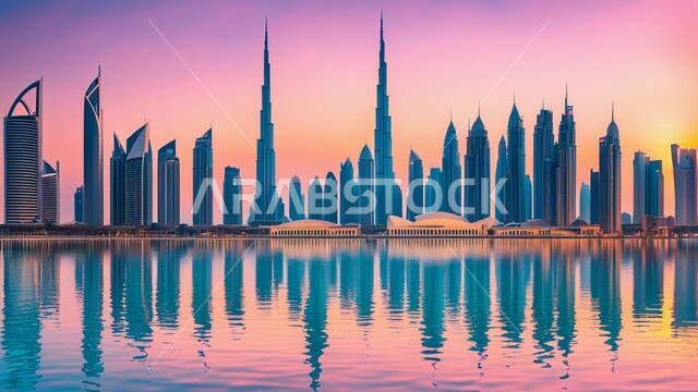 An imaginative future view of urban progress and growth for high-rise buildings and commercial facilities in the United Arab Emirates, future vision 2031, architectural engineering art for towers and skyscrapers, building a civilized and advanced future