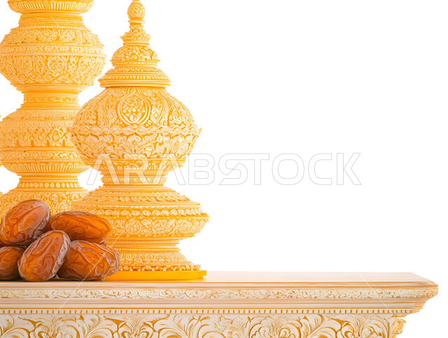 مجموعة من حبات التمر المجدول المجعد على سطح خشبي مع التحف المزخرفة، منتجات وطنية محلية في المملكة العربية السعودية، وجبات غذائية صحية ذات قيمة عاليه، ضيافة رمضانية شهية، الأنواع المختلفة من التمور اللذيذة، خلفية بيضاء