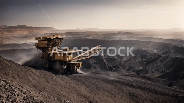 The rocky nature and terrain of the mountain ranges, Arab natural coal mines, exploration areas for underground resources, highlands and mountain peaks in the Kingdom of Saudi Arabia, a large freight truck working at the mining site