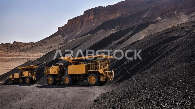مناجم الفحم الطبيعي العربية، الطبيعة الصخرية وتضاريس السلاسل الجبلية، مناطق التنقيب عن الثروات الباطنية، المرتفعات وقمم الجبال في المملكة العربية السعودية، سيارة شحن كبيرة تقوم بالعمل في موقع التعدين
