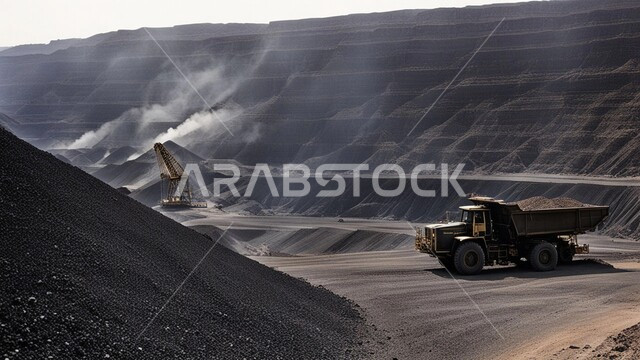 مناجم الفحم الطبيعي العربية، الطبيعة الصخرية وتضاريس السلاسل الجبلية، مناطق التنقيب عن الثروات الباطنية، المرتفعات وقمم الجبال في المملكة العربية السعودية، سيارة شحن كبيرة تقوم بالعمل في موقع التعدين