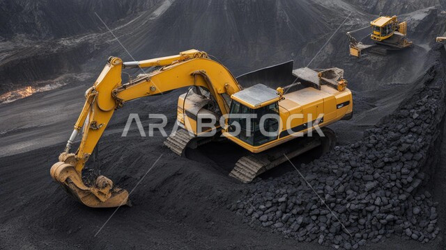 الطبيعة الصخرية وتضاريس السلاسل الجبلية، مناجم الفحم الطبيعي العربية، مناطق التنقيب عن الثروات الباطنية، المرتفعات وقمم الجبال في المملكة العربية السعودية، سيارة شحن كبيرة تقوم بالعمل في موقع التعدين