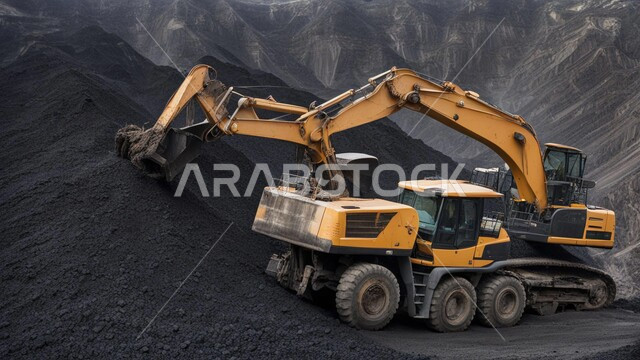 الطبيعة الصخرية وتضاريس السلاسل الجبلية، مناجم الفحم الطبيعي العربية، مناطق التنقيب عن الثروات الباطنية، المرتفعات وقمم الجبال في المملكة العربية السعودية، سيارة شحن كبيرة تقوم بالعمل في موقع التعدين