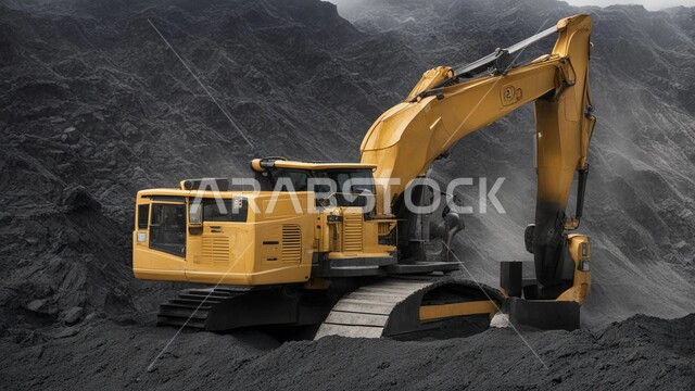 مناجم الفحم الطبيعي العربية، مناطق التنقيب عن الثروات الباطنية، الطبيعة الصخرية وتضاريس السلاسل الجبلية، المرتفعات وقمم الجبال في المملكة العربية السعودية، سيارة شحن كبيرة تقوم بالعمل في موقع التعدين