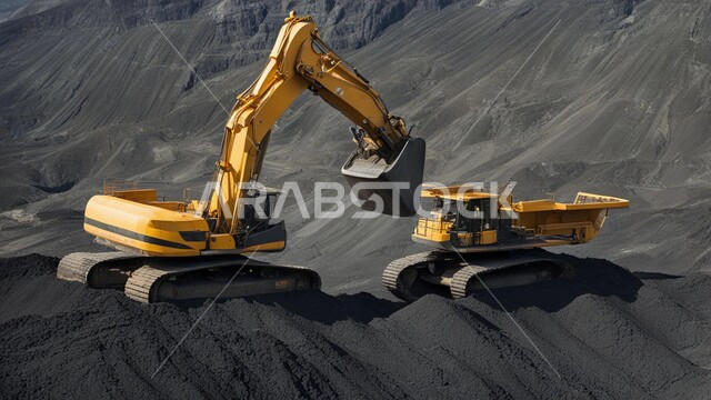 مناجم الفحم الطبيعي العربية، مناطق التنقيب عن الثروات الباطنية، الطبيعة الصخرية وتضاريس السلاسل الجبلية، المرتفعات وقمم الجبال في المملكة العربية السعودية، سيارة شحن كبيرة تقوم بالعمل في موقع التعدين