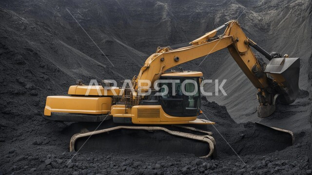 Arab natural coal mines, exploration areas for underground resources, rocky nature and topography of mountain ranges, highlands and mountain peaks in the Kingdom of Saudi Arabia, a large freight truck working at the mining site