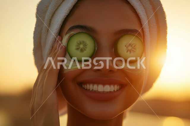 روتين العناية وتحسين نضارة البشرة، خطوات تنظيف وتفتيح وترطيب الجلد، إستخدام مكونات تجميلية, بورتريه لمرأة عربية خليجية سعودية تضع القناع التجميلي على الوجه مع قناع الخيار للعيون
