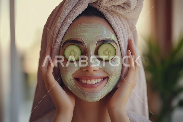 روتين العناية وتحسين نضارة البشرة، خطوات تنظيف وتفتيح وترطيب الجلد، إستخدام مكونات تجميلية, بورتريه لمرأة عربية خليجية سعودية تضع القناع التجميلي على الوجه مع قناع الخيار للعيون