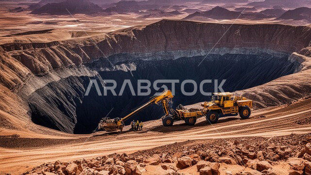 Exploration areas for precious underground resources, the sandy nature and topography of the mountain ranges in the Kingdom of Saudi Arabia, Arab natural coal mines, huge heavy machinery and equipment at the work site.