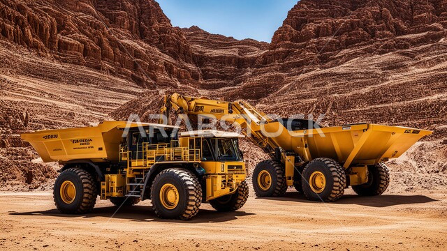The sandy nature and topography of the mountain ranges in the Kingdom of Saudi Arabia, exploration areas for precious underground resources, Arab natural coal mines, huge heavy machinery and equipment at the work site.