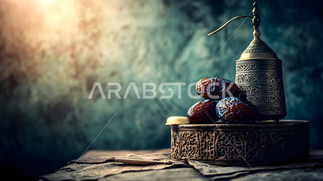 مجموعة من حبات التمر المجدول المجعد على طاولة خشبية مع التحف، منتجات وطنية محلية في المملكة العربية السعودية، وجبات غذائية صحية ذات قيمة عاليه، ضيافة رمضانية شهية، الأنواع المختلفة من التمور اللذيذة، خلفية داكنة