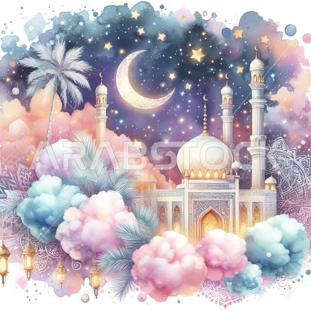 مفهوم العبادة و التقرب الى الله تعالى, نداء المسلمين لأداء الفرائض والصلوات، التصاميم والديكورات الهندسية على الطراز الاسلامي، منظر السماء المليئة بالغيوم البيضاء، لوحة فنية ثلاثية الابعاد لقبب ومآذن المساجد على الطراز الاسلامي