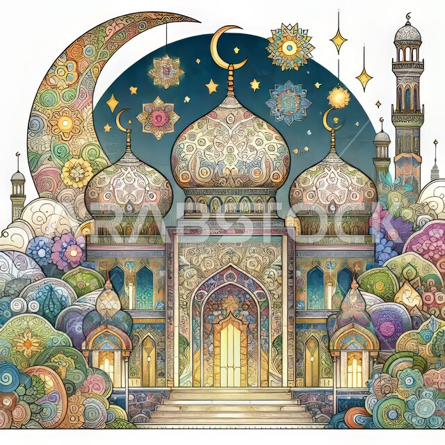 مفهوم العبادة و التقرب الى الله تعالى, نداء المسلمين لأداء الفرائض والصلوات، التصاميم والديكورات الهندسية على الطراز الاسلامي، منظر السماء المليئة بالغيوم البيضاء، لوحة فنية ثلاثية الابعاد لقبب ومآذن المساجد على الطراز الاسلامي