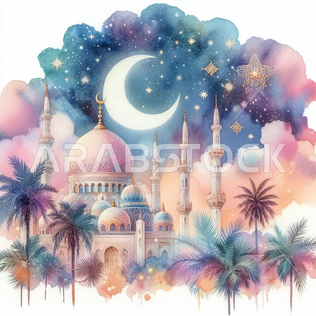 The concept of worship and drawing closer to God Almighty, the call of Muslims to perform obligatory prayers and prayers, geometric designs and decorations in the Islamic style, the view of the sky full of white clouds, a three-dimensional artistic painting of the domes and minarets of mosques in the Islamic style.