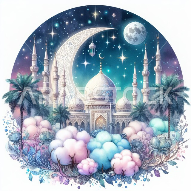 مفهوم العبادة و التقرب الى الله تعالى, نداء المسلمين لأداء الفرائض والصلوات، التصاميم والديكورات الهندسية على الطراز الاسلامي، منظر السماء المليئة بالغيوم البيضاء، لوحة فنية ثلاثية الابعاد لقبب ومآذن المساجد على الطراز الاسلامي