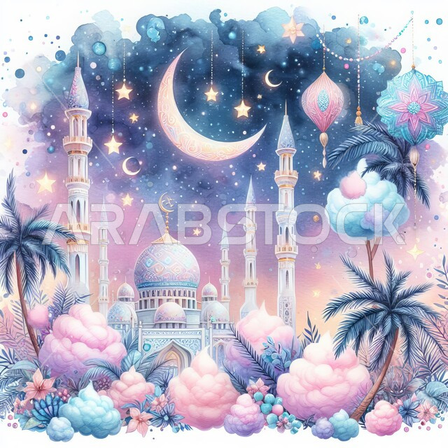 The concept of worship and drawing closer to God Almighty, the call of Muslims to perform obligatory prayers and prayers, geometric designs and decorations in the Islamic style, the view of the sky full of white clouds, a three-dimensional artistic painting of the domes and minarets of mosques in the Islamic style.