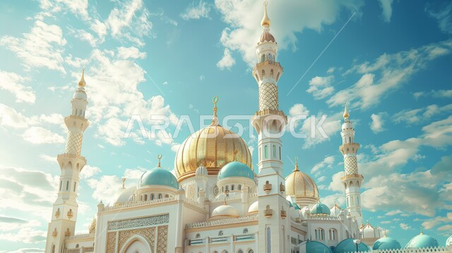 مفهوم العبادة و التقرب الى الله تعالى, نداء المسلمين لأداء الفرائض والصلوات، التصاميم والديكورات الهندسية على الطراز الاسلامي، منظر السماء المليئة بالغيوم البيضاء، قبب ومآذن المساجد على الطراز الاسلامي