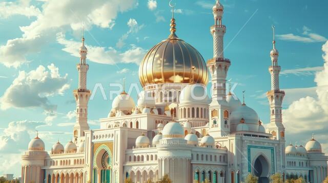 مفهوم العبادة و التقرب الى الله تعالى, نداء المسلمين لأداء الفرائض والصلوات، التصاميم والديكورات الهندسية على الطراز الاسلامي، منظر السماء المليئة بالغيوم البيضاء، قبب ومآذن المساجد على الطراز الاسلامي